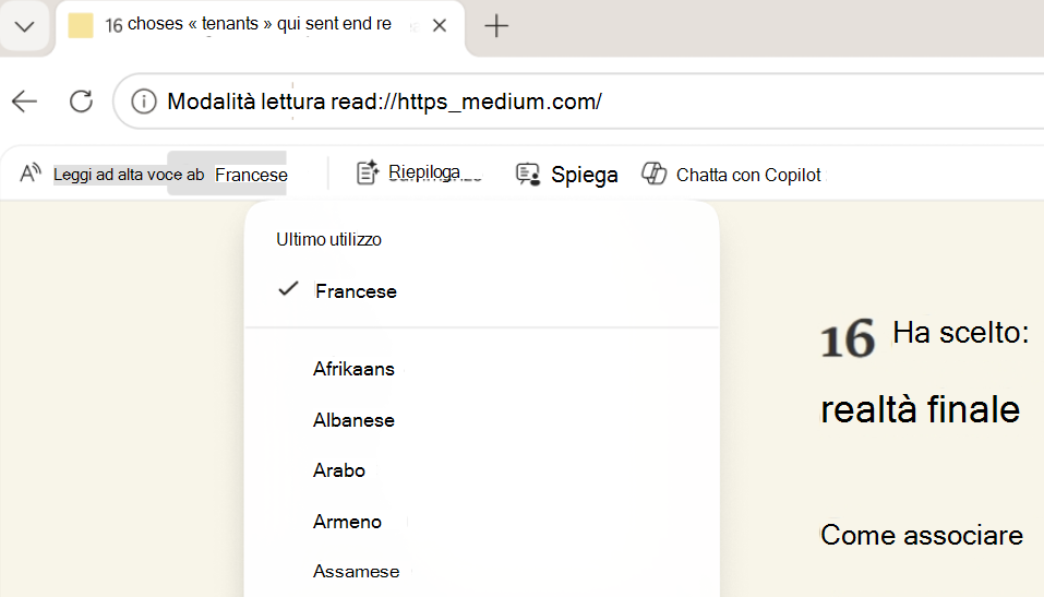 Screenshot della modalità di lettura Traduci.