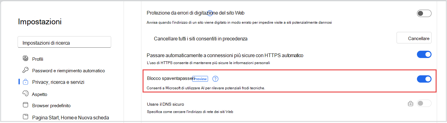 screenshot dell'interruttore scareware nelle impostazioni di Edge