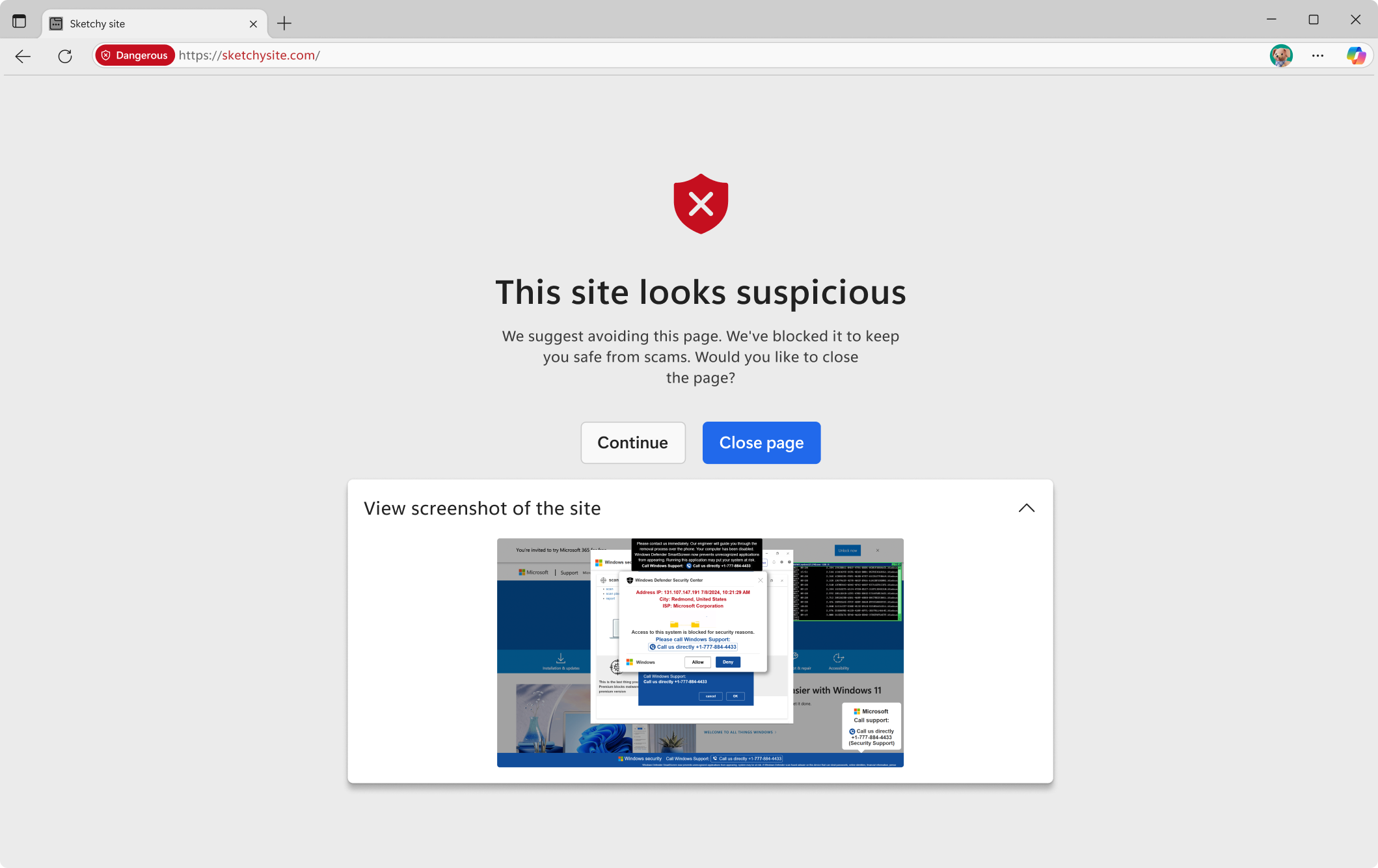Screenshot di un tentativo di phishing scareware in Edge
