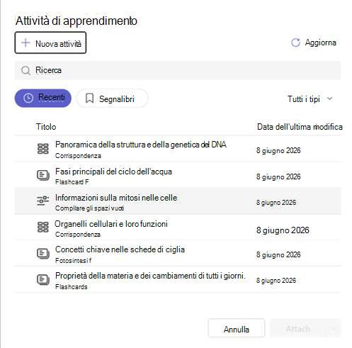 Screenshot che mostra come allegare un'attività di apprendimento.