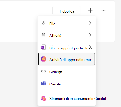 Screenshot dell'opzione Attività di apprendimento nel menu Il lavoro in classe modulo.