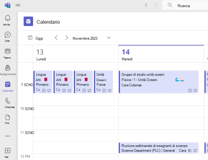 Screenshot del calendario.
