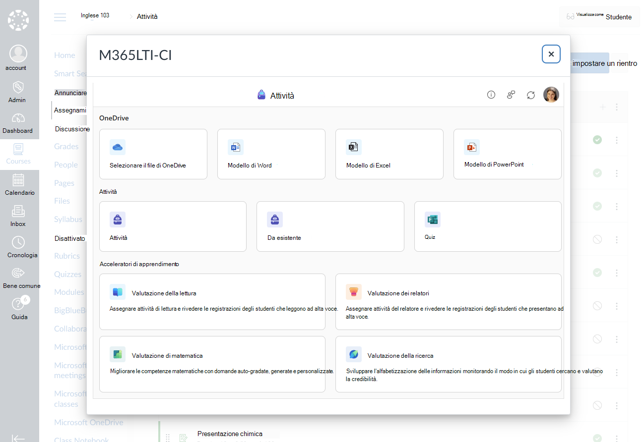 Scegliere un microsoft education da creare per l'attività o il modulo