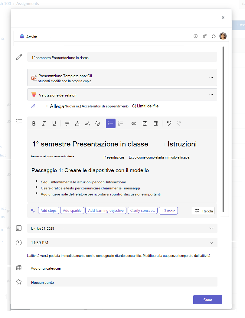 Finestra di dialogo Crea attività Microsoft con testo