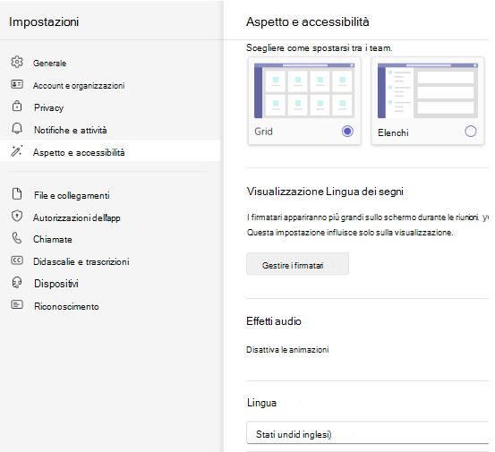 Screenshot della selezione della lingua.