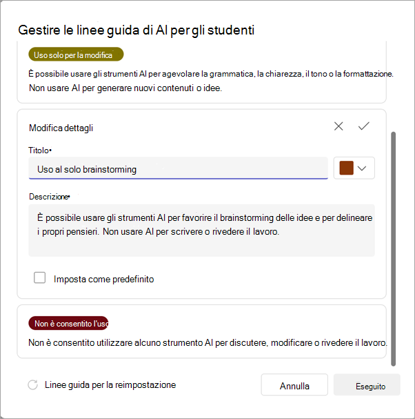 Screenshot delle opzioni per la gestione delle linee guida sull'intelligenza artificiale.