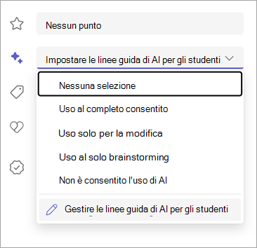 Screenshot delle opzioni per l'impostazione delle linee guida sull'intelligenza artificiale degli studenti.
