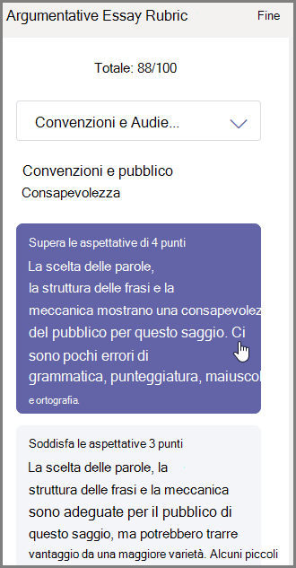 Seleziona il voto che intendi assegnare per la sezione selezionata e digita il feedback in basso