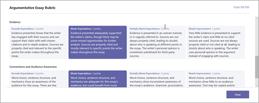 Vista studenti del feedback delle categorie.