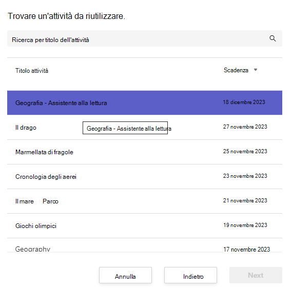 Screenshot che mostra come trovare un'attività da riutilizzare.