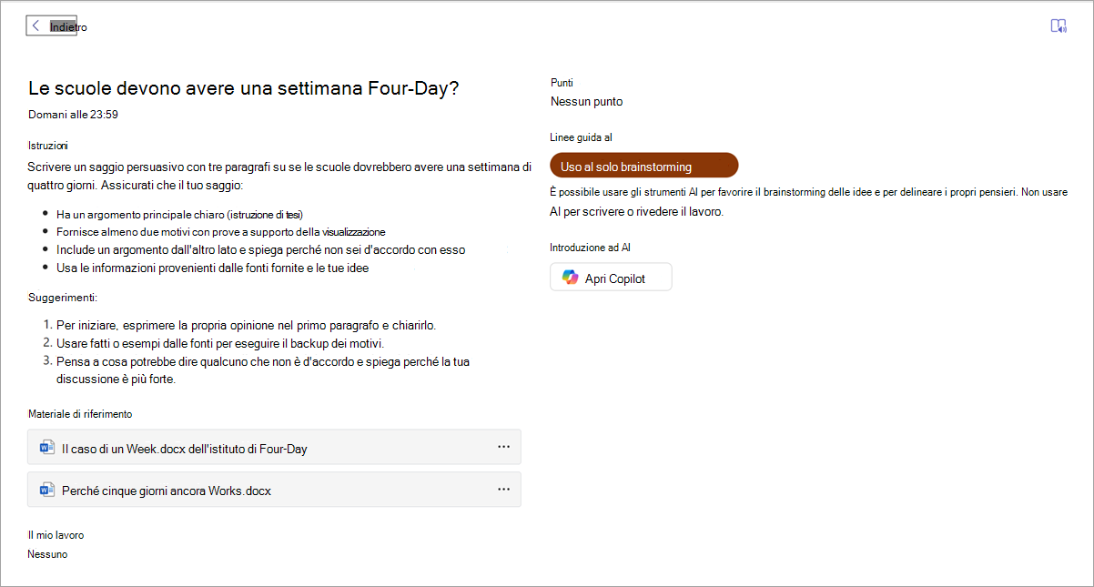 Screenshot di ciò che vede lo studente.