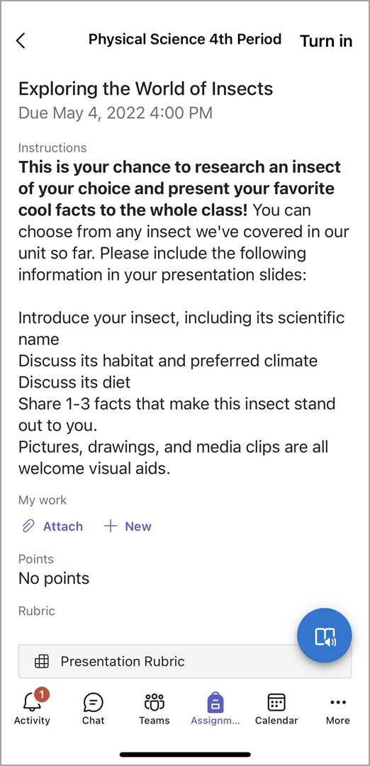 Screenshot di ciò che gli studenti vedono quando inviano un'attività in Teams per dispositivi mobili.
