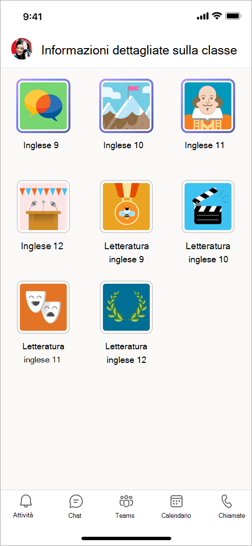 Screenshot che mostra Teams su un dispositivo mobile in Class Insights, visualizzando i riquadri per otto team di classe.