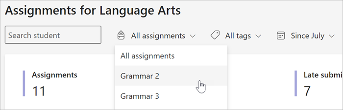 screenshot dei filtri disponibili nella visualizzazione Esercizi e voti di Approfondimenti. puoi eseguire una ricerca per studente, per attività per tag o per data.