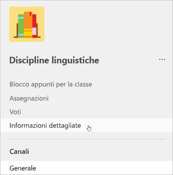Screenshot della navigazione a sinistra in Teams, un elenco mostra il quaderno di classe, i compiti, i voti e poi gli approfondimenti.