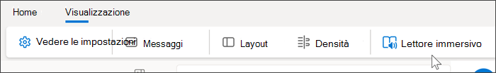 Screenshot della parte superiore di Outlook Web che mostra la scheda Visualizza selezionata e il passaggio del mouse sullo strumento di lettura immersiva