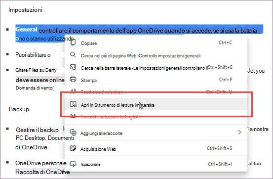 Immettere Strumento di lettura immersiva nel menu di scelta rapida.
