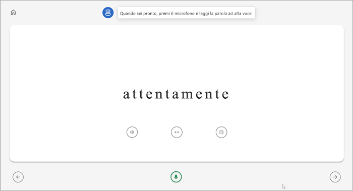 visualizzazione a schermo intero della pagina coach per la lettura degli studenti. la parola viene visualizzata con attenzione con i pulsanti per riprodurre la parola, allungarla o vedere un'immagine sotto. un microfono verde si trova nella parte inferiore centrale della pagina.