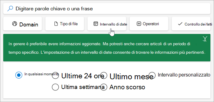 Screenshot delle opzioni dell'intervallo di date, ultime 24 ore, settimana passata, mese scorso, anno scorso, intervallo personalizzato.