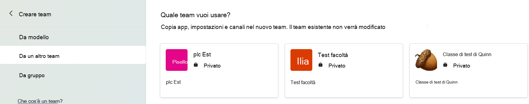 Screenshot che mostra selezionare un team per copiare app, impostazioni e canali.