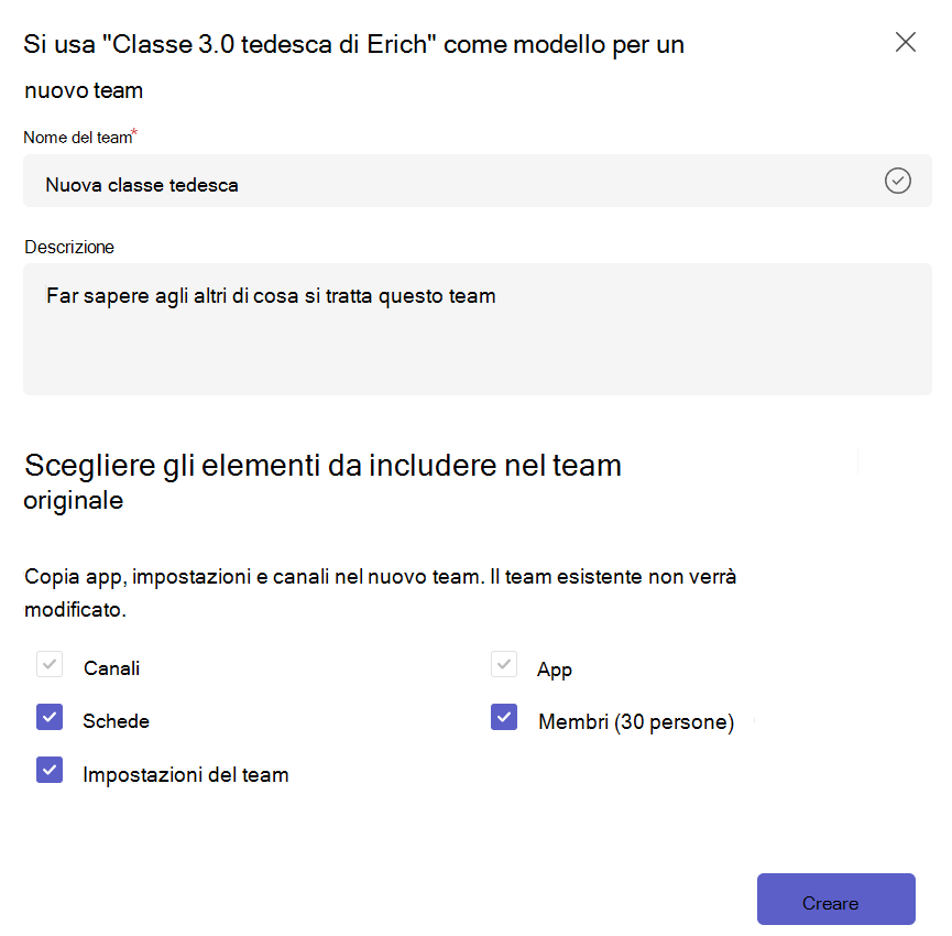 Screenshot che mostra come creare un nuovo team da un modello di team esistente e selezionare il contenuto da copiare.