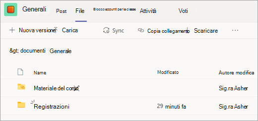Scheda File di un team di classe con la cartella Registrazioni