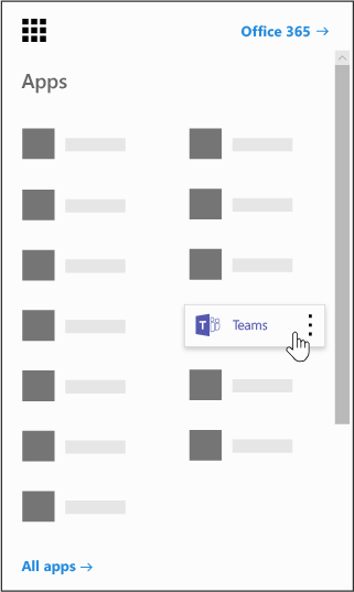 Icona di avvio delle app di Office 365 con l'app Microsoft Teams evidenziata