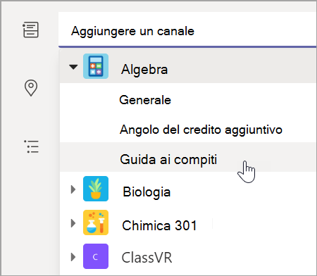 Screenshot che mostra come scegliere il canale del team per la classe.