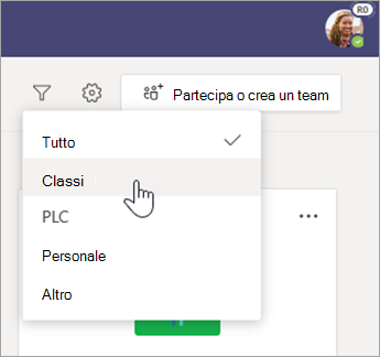 Filtrare i tipi di team.