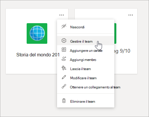 Modifica il menu e le impostazioni per un team.