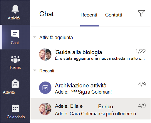 Screenshot che mostra come selezionare Chat dalla barra dell'app.