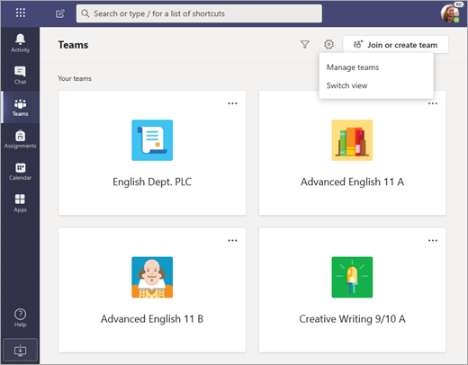 Selezionare Altre opzioni per Gestire i team o Cambiare visualizzazione.