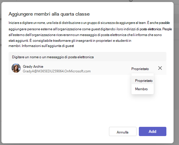 Screenshot dell'aggiunta di proprietario.