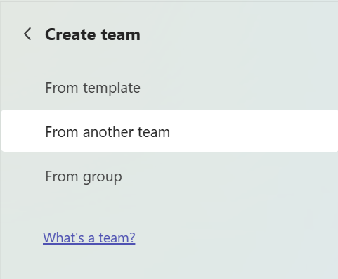 Screenshot che mostra la schermata Crea team con l'opzione 