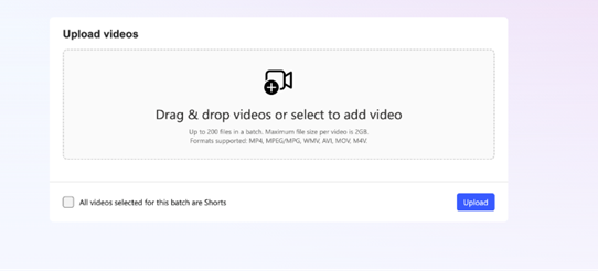 Screenshot della schermata di caricamento dello strumento di caricamento video con le istruzioni per trascinare e rilasciare video o selezionare per aggiungerli.