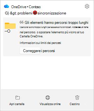 Screenshot che mostra il centro attività di OneDrive con l'opzione Correggi percorsi.