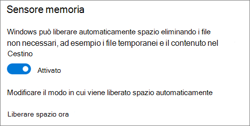 Interruttore in Archiviazione di Windows 10 per attivare Sensore memoria