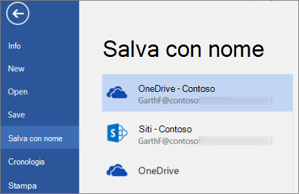 Salvataggio di un documento di Word in OneDrive for Business