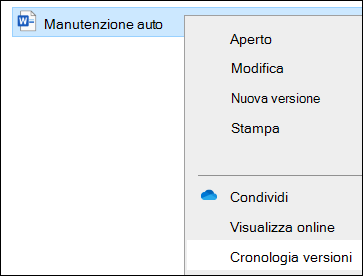 Esplora file menu che include l'opzione Cronologia versioni.