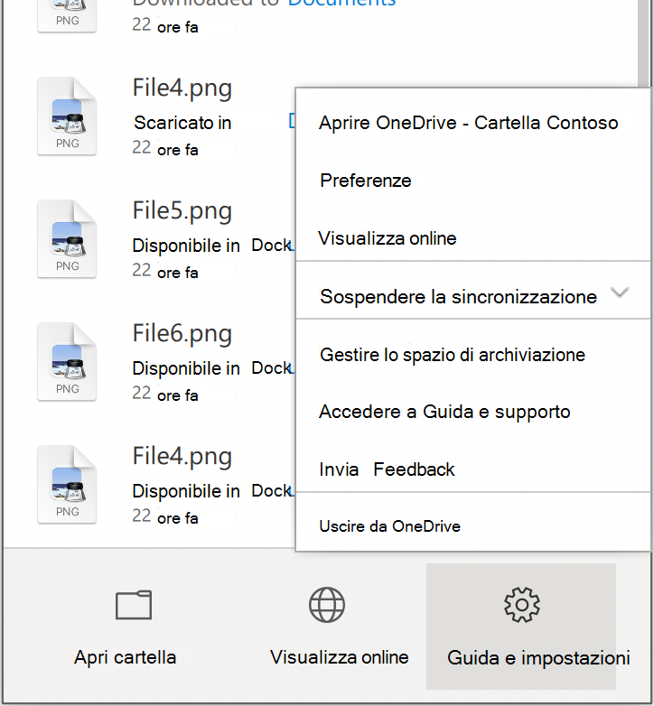 Mostra il menu & Impostazioni della Guida di OneDrive, con Preferenze nella parte superiore.