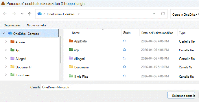 Screenshot che mostra Esplora file con percorsi troppo lunghi.