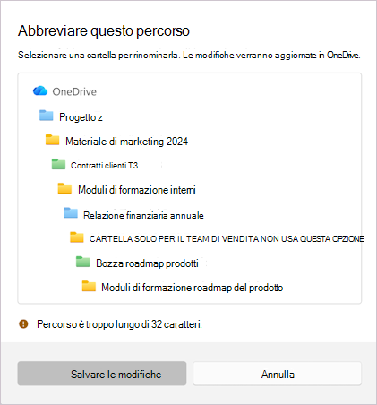 Screenshot che mostra il messaggio per abbreviare il nome file selezionato.