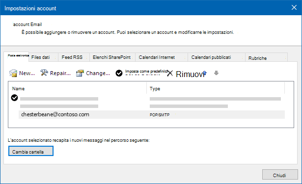 Finestra di dialogo Impostazioni account di Outlook