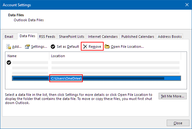 Finestra di dialogo File di dati di Outlook