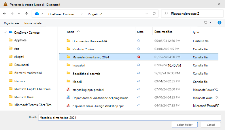 Screenshot che mostra la finestra di dialogo di selezione della cartella di OneDrive.