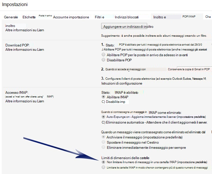 Mostra la schermata Impostazioni. Nella sezione Accesso IMAP è presente una freccia che punta alla prima opzione in Limiti dimensioni cartella (Non limitare il numero di messaggi...).