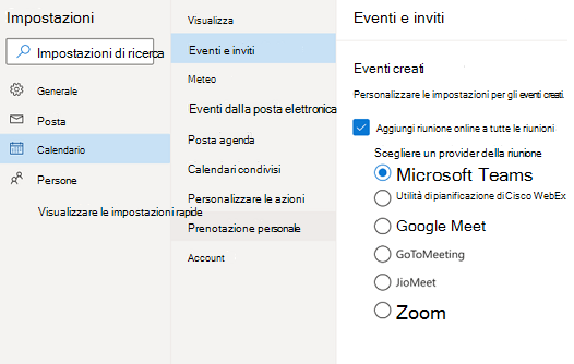 Outlook sul web : selezionare il provider predefinito di riunioni online