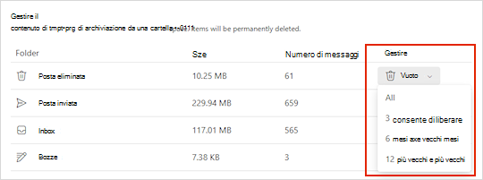 Impostazioni di archiviazione per Outlook.com.