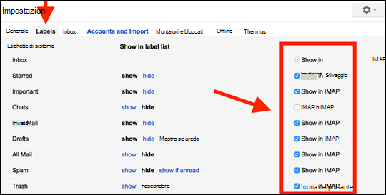 Impostazioni di Google per abilitare il funzionamento delle cartelle in Outlook Mobile.