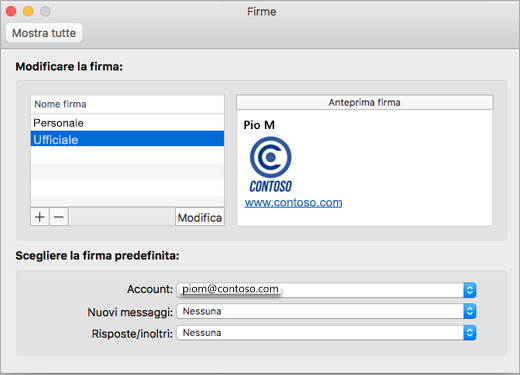 Pagina delle Preferenze Firme di Outlook